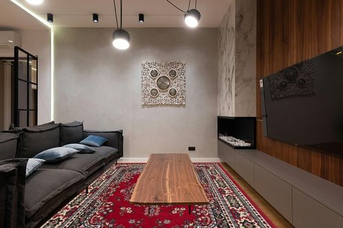Home Dynamix Premium Sakarya Traditional Medallion Border Area Rug, Claret, 7'8"x10'7" Rectangle in Dark Wood Living Room with Black Couch