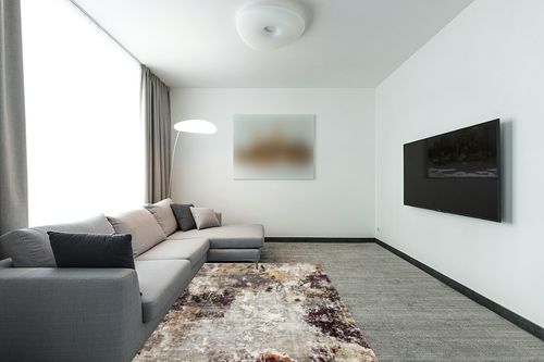 COLORPAPA Modern Abstract Area Rug 5x7 Washable Rug for Living Room Bedroom Dining Room Office Non-Slip Soft Floor Carpet, Purple/Beige/Yellow in Modern Living Room with Grey Couch
