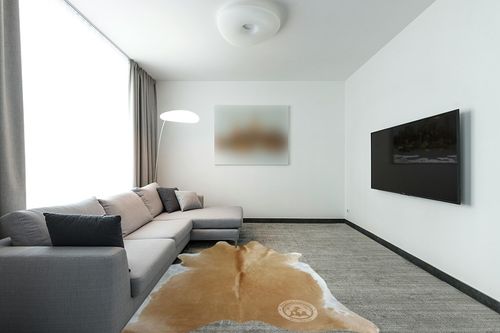 Genuine Palomino Beige and White Cowhide Rug 6 x 7-8 ft. 180 x 240 cm in Modern Living Room with Grey Couch