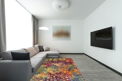 Unique Loom Jardin Collection Colorful, Vibrant, Abstract, Modern Area Rug, 5 ft 0 x 8 ft 0 Rectangular, Multi/Blue in Modern Living Room with Grey Couch
