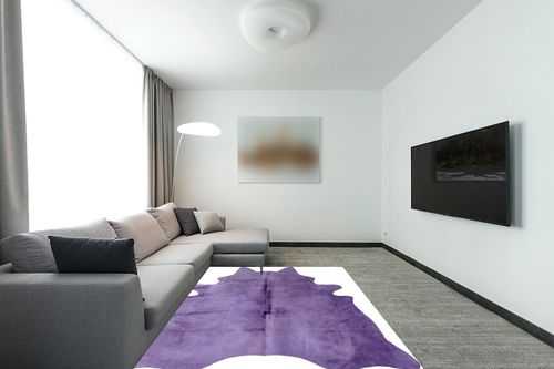 Natural Geneva Cowhide Area Rugs for Living Room and Bedroom | Handmade 100% Cow Rug with Low Pile | Shed-Resistant Home and Office Rug, Purple, 6 Ft x 7 Ft in Modern Living Room with Grey Couch