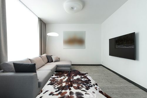 Sunshine Cowhides Genuine Tricolor Brindle Cowhide Rug - Luxurious Cow Rug for Bedroom, Living Room, and Home Decor Enthusiasts - Masterpiece of Style and Functionality - XL 6x7-8ft (180x240cm) in Modern Living Room with Grey Couch