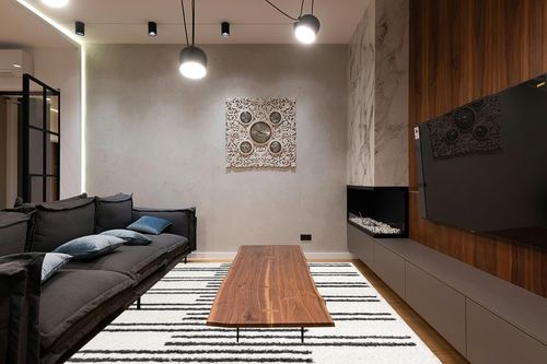 Eyely HOM406A-8 Moroccan Hype Petra Stripe Geometric Shag Indoor Area Rug Bohemian;Transitional;Modern, Bedroom, Kitchen, Living Room, Easy-Cleaning, Non-Shedding, 8 X 10, White/Gray in Dark Wood Living Room with Black Couch