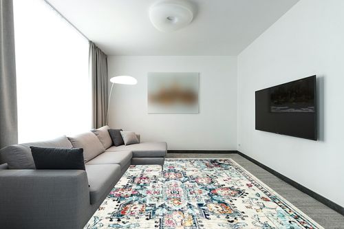 SAFAVIEH Madison Collection Area Rug - 9' x 12', Cream & Blue, Boho Chic Medallion Distressed Design, Non-Shedding & Easy Care, Ideal for High Traffic Areas in Living Room, Bedroom (MAD473B) in Modern Living Room with Grey Couch