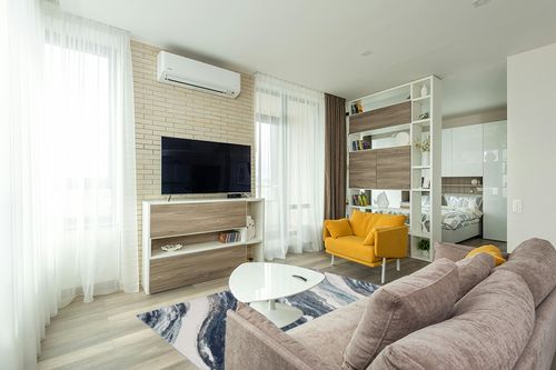 LUXE WEAVERS Lagos Collection 7983 Blue 5x7 Art Deco Area Rug in Light Modern Living Room with TV