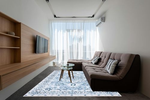 Bloom Rugs Caria Washable Non-Slip 8x10 Rug - Blue Traditional Area Rug for Living Room, Bedroom, Dining Room, and Kitchen - Exact Size: 7'8" x 10' in Grey Living Room with Brown Couch