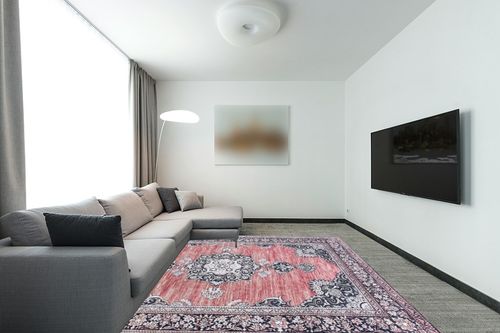 JONATHAN Y WSH201B-8 Bausch Bohemian Distressed Chenille Machine-Washable Indoor Area Rug, Classic, Mid-Century, Rustic for Bedroom,Kitchen,Living Room,Non Shedding,Easy-Washing, Pink, 8 X 10 in Modern Living Room with Grey Couch