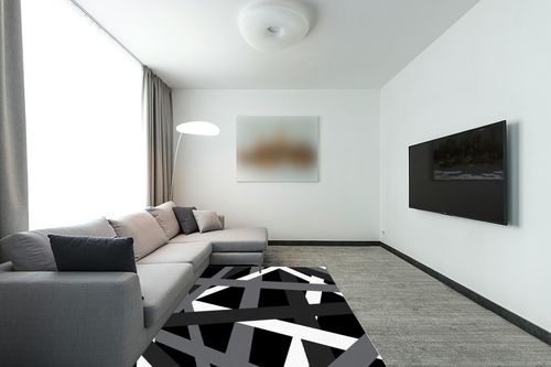 Large Area Rug, Grey Black Grey Geometric Non-Slip Indoor Accent Area Carpet, Modern White Abstract Art Striped Fluffy Shaggy Runner Rug for Living Room, Bedroom, Kids Room, 5'x 7' in Modern Living Room with Grey Couch