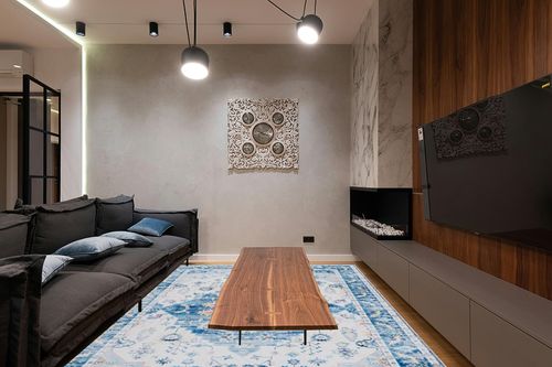 VIPBED Large Area Rug,8X10 Washable Rug for Living Room,Ultra-Thin Low Pile Vintage Medallion Area Rugs with Anti-Slip Backing, Boho Farmhouse Rug for Home Decor(Multi-Blue,8'x10') in Dark Wood Living Room with Black Couch