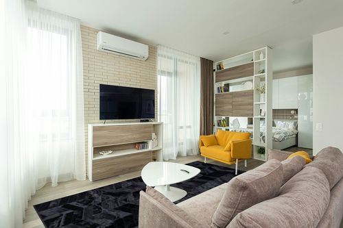 New Cowhide Rug Leather. Animal Skin Patchwork Area Carpet (8 X 10) in Light Modern Living Room with TV