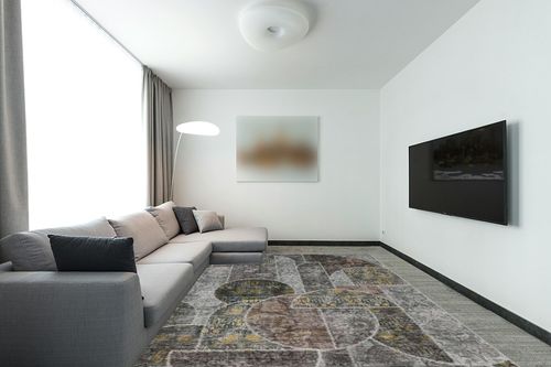9x12 Area Rugs for Living Room Bedroom, Machine Washable Rug with Low Pile Non-Slip Backing, Soft Large Area Rug Vintage Patchwork Indoor Floor Carpet for Dining Room Nursery Office-Green/Brown in Modern Living Room with Grey Couch
