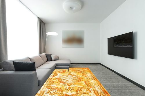 Unique Loom Sofia Collection Area Rug - Salle Garnier (6' 1" x 9' Rectangle, Orange/ Yellow) in Modern Living Room with Grey Couch