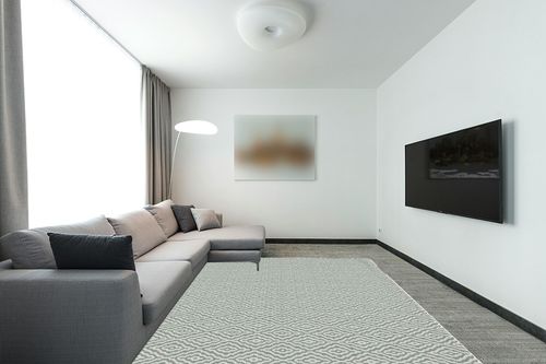 Martha Stewart Collection by SAFAVIEH 8' x 10' Green/Ivory MSR484Y Contemporary Geometric Cotton Area Rug in Modern Living Room with Grey Couch