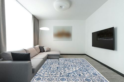 SAFAVIEH Brentwood Collection Area Rug - 8' x 10', Navy & Light Grey, Medallion Distressed Design, Non-Shedding & Easy Care, Ideal for High Traffic Areas in Living Room, Bedroom (BNT832M) in Modern Living Room with Grey Couch