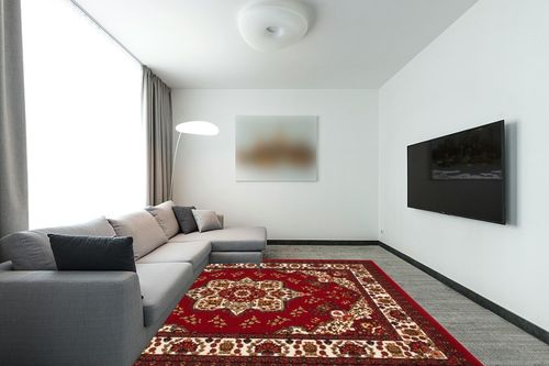 Antep Rugs Alfombras Oriental Traditional 8x10 Non-Skid (Non-Slip) Low Profile Pile Rubber Backing Indoor Area Rugs (Maroon, 7'10" x 10') in Modern Living Room with Grey Couch