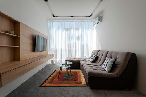 Home Dynamix Royalty Vega Contemporary Geometric Area Rug, Blue/Ivory, 5'2"x7'2" in Grey Living Room with Brown Couch
