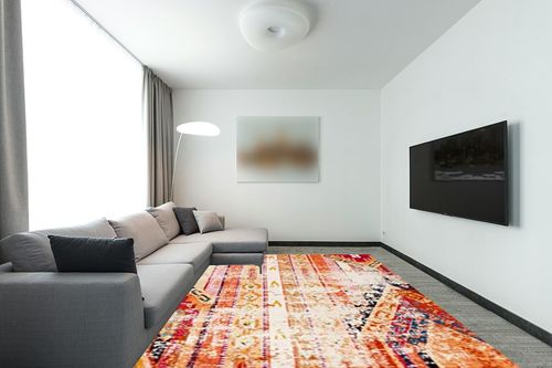 SAFAVIEH Monaco Collection Area Rug - 9' x 12', Orange & Multi, Boho Chic Tribal Distressed Design, Non-Shedding & Easy Care, Ideal for High Traffic Areas in Living Room, Bedroom (MNC222H) in Modern Living Room with Grey Couch