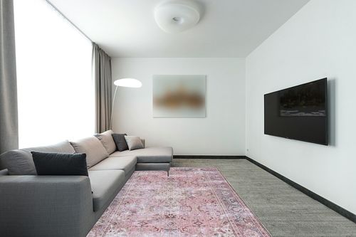 SAFAVIEH Tucson Collection Area Rug - 6' x 9', Pink & Beige, Persian Design, Non-Shedding Machine Washable & Slip Resistant Ideal for High Traffic Areas in Living Room, Bedroom (TSN144U) in Modern Living Room with Grey Couch