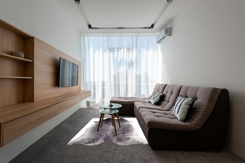Faux Cowhide Printed (Hairless) Rug 5ft x 6.5ft, Black and White Brindle in Grey Living Room with Brown Couch