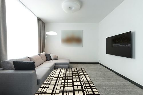 Loloi Chris Loves Julia Polly 5'-0" x 7'-6" Area Rug in Black/Ivory - Large Neutral Area Rug, Unique Patterned Rug for Living Room, Bedroom, Dining Area, Home Office in Modern Living Room with Grey Couch