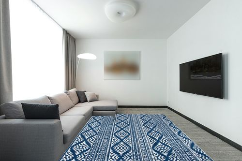 SAFAVIEH Tulum Collection Area Rug - 8' x 10', Navy & Ivory, Moroccan Boho Tribal Design, Non-Shedding & Easy Care, Ideal for High Traffic Areas in Living Room, Bedroom (TUL272N) in Modern Living Room with Grey Couch