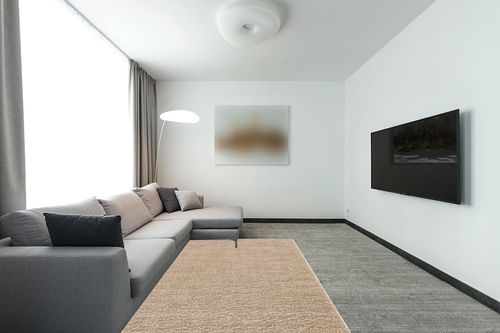 Unique Loom Davos Shag Collection Area Rug - Solid (5' 3" x 8' Rectangle, Linen) in Modern Living Room with Grey Couch