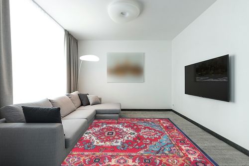 SAFAVIEH Monaco Collection Area Rug - 8' x 10', Red & Turquoise, Boho Oriental Medallion Design, Non-Shedding & Easy Care, Ideal for High Traffic Areas in Living Room, Bedroom (MNC207C) in Modern Living Room with Grey Couch