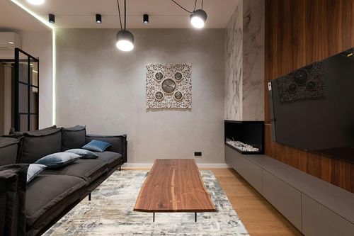 MontVoo Abstract Area Rug-8x10 Large Washable Rugs for Living Room-Soft Rug for Bedroom-Neutral Non Slip Indoor Floor Carpet for Apartment Dining Room Nursery Home Decor in Dark Wood Living Room with Black Couch