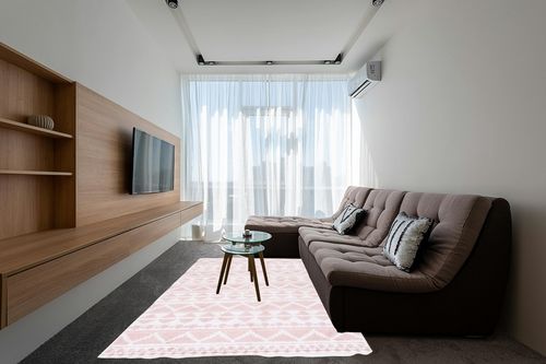 Safavieh Augustine Collection Area Rug - 6'4" x 9'6", Pink & Ivory, Moroccan Boho Rustic Fringe Design, Non-Shedding & Easy Care, Ideal for High Traffic Areas in Living Room, Bedroom (AGT847U) in Grey Living Room with Brown Couch