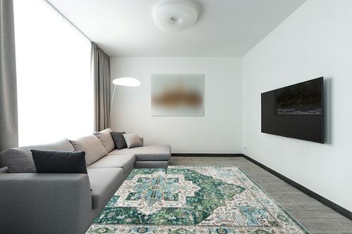 xilixili Washable Rug 8x10 Area Rugs for Living Room -Stain Resistant with Anti-Slip Backing Rug,Ultra-Thin Medallion Printed Room Decor Large Area Rug(Green,8'x10') in Modern Living Room with Grey Couch