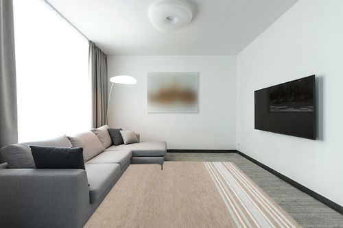 Master Striped Handmade Tufted Wool Brown/Ivory Area Rug Gracie Oaks Rug Size ... in Modern Living Room with Grey Couch