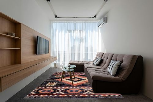 Well Woven Tulsa Lea Blue Traditional Southwestern Tribal 7'10" x 9'10" Area Rug in Grey Living Room with Brown Couch