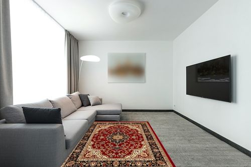 Well Woven Barclay Medallion Kashan Red Traditional Area Rug (5'3" x 7'3") in Modern Living Room with Grey Couch