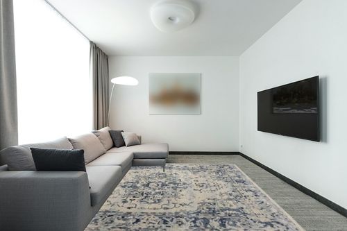 SAFAVIEH Charleston Collection Area Rug - 8' x 10', Ivory & Navy, Oriental Distressed Design, Non-Shedding & Easy Care, Ideal for High Traffic Areas in Living Room, Bedroom (CHL411A) in Modern Living Room with Grey Couch