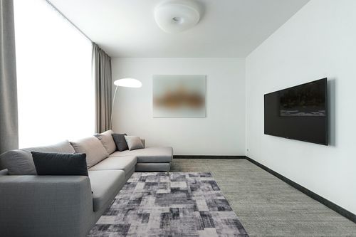 Area Rug Living Room Rugs: 5x7 Indoor Soft Modern Abstract Low Pile Carpet for Dining Room Nursery Bedroom Home Office Under Kitchen Table with Non Slip Rubber Backing - Gray/Ivory in Modern Living Room with Grey Couch