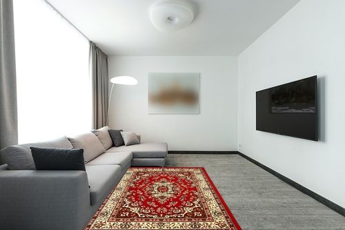 Antep Rugs Kashan King Collection Himalayas Oriental Polypropylene Indoor Area Rug (Maroon/Beige, 5' x 7') in Modern Living Room with Grey Couch