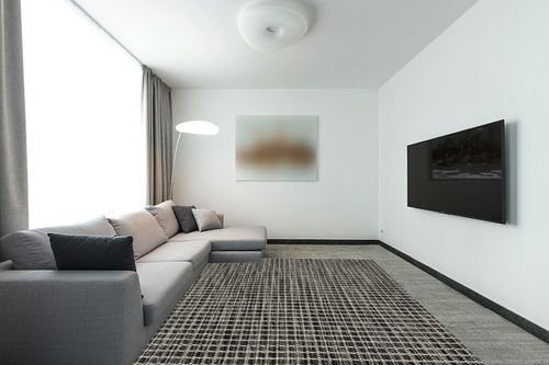Nourison Positano Indoor/Outdoor Charcoal 8' x 10' Area Rug, Easy Cleaning, Non Shedding, Bed Room, Living Room, Dining Room, Backyard, Deck, Patio (8x10) in Modern Living Room with Grey Couch