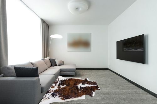 rodeo Genuine Cowhide Rug Large Real Cow Hide Western decortion Cow Rug for Bedroom Living Room Natrual Cow Print Rug for Western Wall Decor Texas Rug 5x7 Feet(150cmx 210cm) TC5X7 in Modern Living Room with Grey Couch