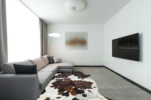 Tricolor Cowhide Rug Classic Brown, Black and White Color Mix, Natural Leather Hide, Area Rug (6x8ft) in Modern Living Room with Grey Couch