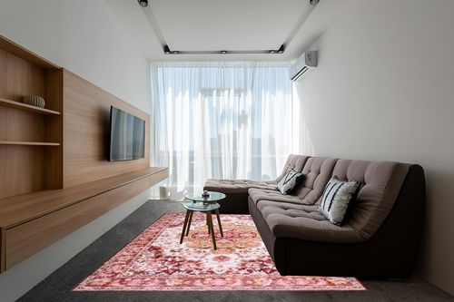 Opreine 8x10 Area Rugs for Living Room, Soft Low Pile Non-Slip Vintage Floral Large Area Rug, Foldable Washable Rug, Christmas Rugs for Bedroom, Dining Room, Bedside, Farmhouse, Dorm(Red, 8'×10') in Grey Living Room with Brown Couch