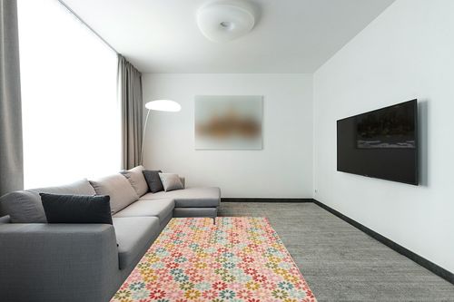 Mohawk Home Girls Playroom Kids Area , Enchanted Floral Pink (5' x 8') in Modern Living Room with Grey Couch