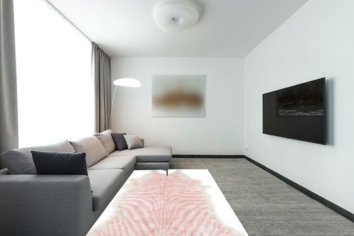 Novogratz by Momeni Rugs Kalahari Collection Area Rug, 5'0" x 7'6", Pink in Modern Living Room with Grey Couch