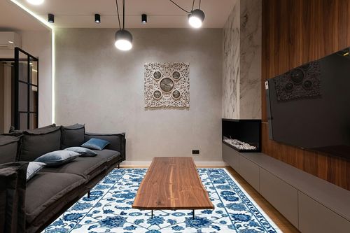 Unique Loom Boston Collection Area Rug - Floral (7' 10" x 10' Rectangle, White Blue/ Gray) in Dark Wood Living Room with Black Couch