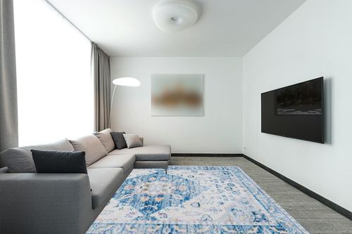 VIPBED Large Area Rug,8X10 Washable Rug for Living Room,Ultra-Thin Low Pile Vintage Medallion Area Rugs with Anti-Slip Backing, Boho Farmhouse Rug for Home Decor(Multi-Blue,8'x10') in Modern Living Room with Grey Couch