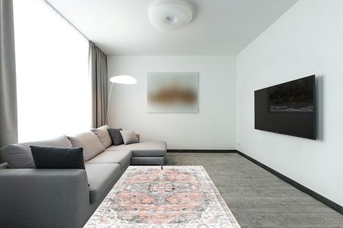Pajata Pink Vintage 5X7 Area Rug Soft Fluffy Pile Carpet, Stain Resistant Faux Wool Soft Fuzzy Machine Washable Rug, Boho Chic Low-Pile Floral Carpet for Bedroom Kitchen Living Room in Modern Living Room with Grey Couch