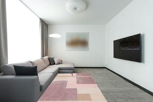 Swanscombe Geometric Pink/Light Purple Area Rug Wade Logan Rug Size: Rectangle 5 ... in Modern Living Room with Grey Couch