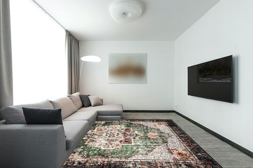 YesRug 8x10 Area Rugs for Living Room Green Boho Rug Washable Rug Vintage Rug Low Pile Non-Slip Large Rug for Bedroom Dining Room in Modern Living Room with Grey Couch