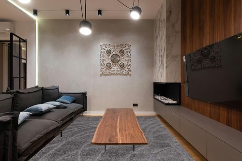 SAFAVIEH Florida Shag Collection Area Rug - 8' x 10', Grey & Grey, Non-Shedding & Easy Care, 1.2-inch Thick Ideal for High Traffic Areas in Living Room, Bedroom (SG471-8080) in Dark Wood Living Room with Black Couch