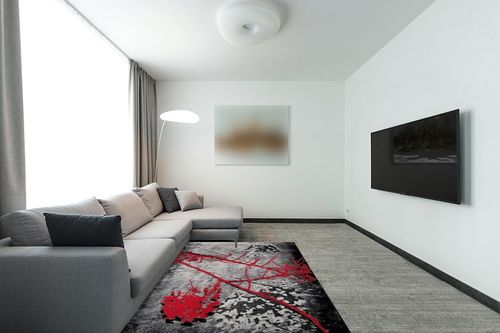 HT Design Rectangular Area Rug for Living Room, Abstract Black/Red 5x7 Modern Rugs, Easy to Clean, Pet Friendly Indoor Carpet for Living Room in Modern Living Room with Grey Couch