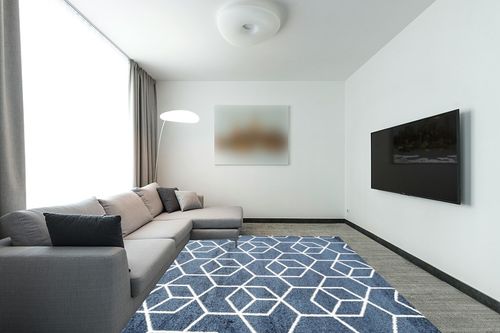 JONATHAN Y SEU101H-8 Tumbling Blocks Modern Geometric Indoor Area-Rug Contemporary Casual Easy-Cleaning Bedroom Kitchen Living Room Non Shedding, 8 X 10, Navy/White,JSEU101H8 in Modern Living Room with Grey Couch